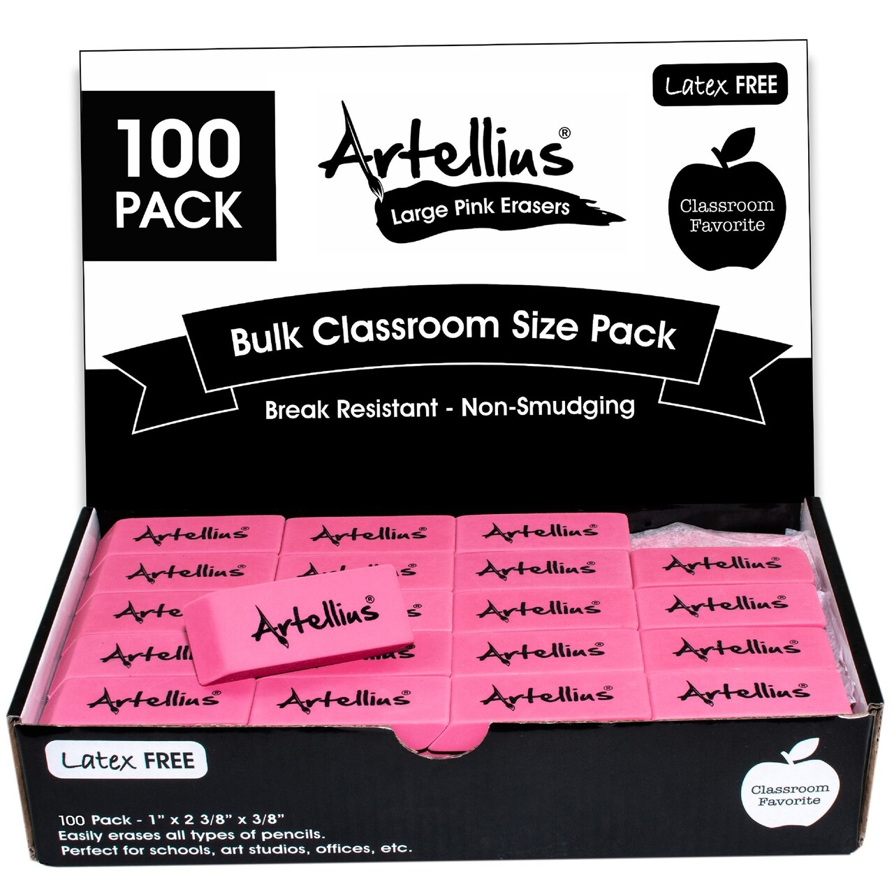 Pink Erasers Pack of 100 - Large Size, Latex & Smudge Free - Bulk School Supplies for Classrooms, Teachers, Homeschool, Office, Art Class